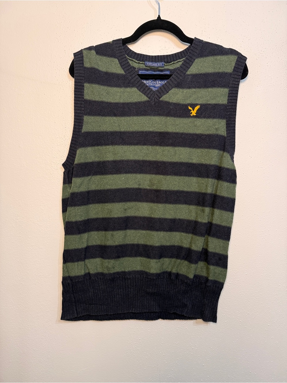 American Eagle Outfitters Olive Green & Charcoal Striped V-Neck Sweater Vest